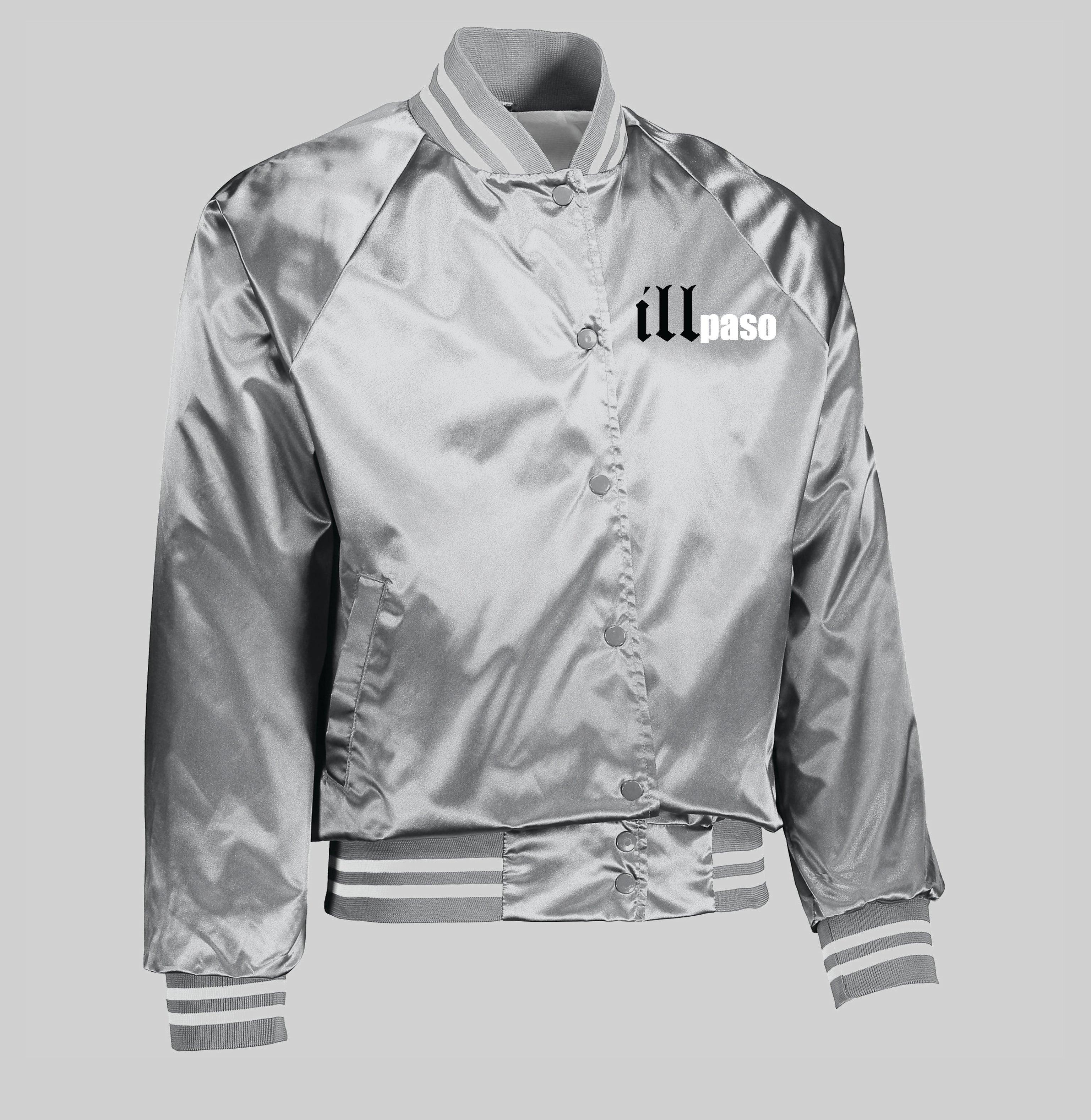 "illmatic Tribute" Satin Baseball Jacket Striped Trim (Metallic Silver/White) by illpaso